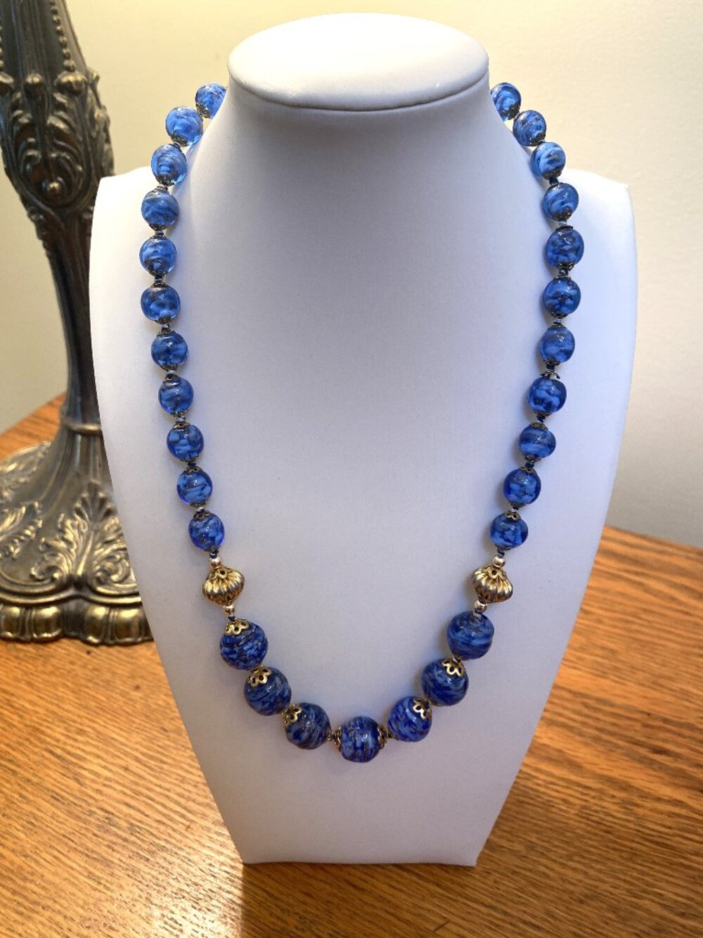 Vintage Blue Lampwork Glass Bead Necklace Gold Tone Barrel Clasp Mid Century